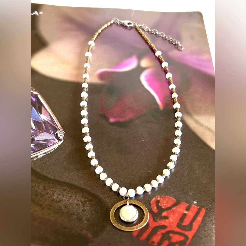 Silpada Pearl & Brass Bead "Go Coastal" Necklace N1894 Mother of Pearl Pendant